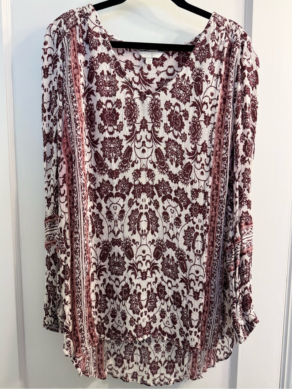 Lucky Brand Boho Floral Print Long Sleeve Pleated Tunic, Burgundy and White FLAW